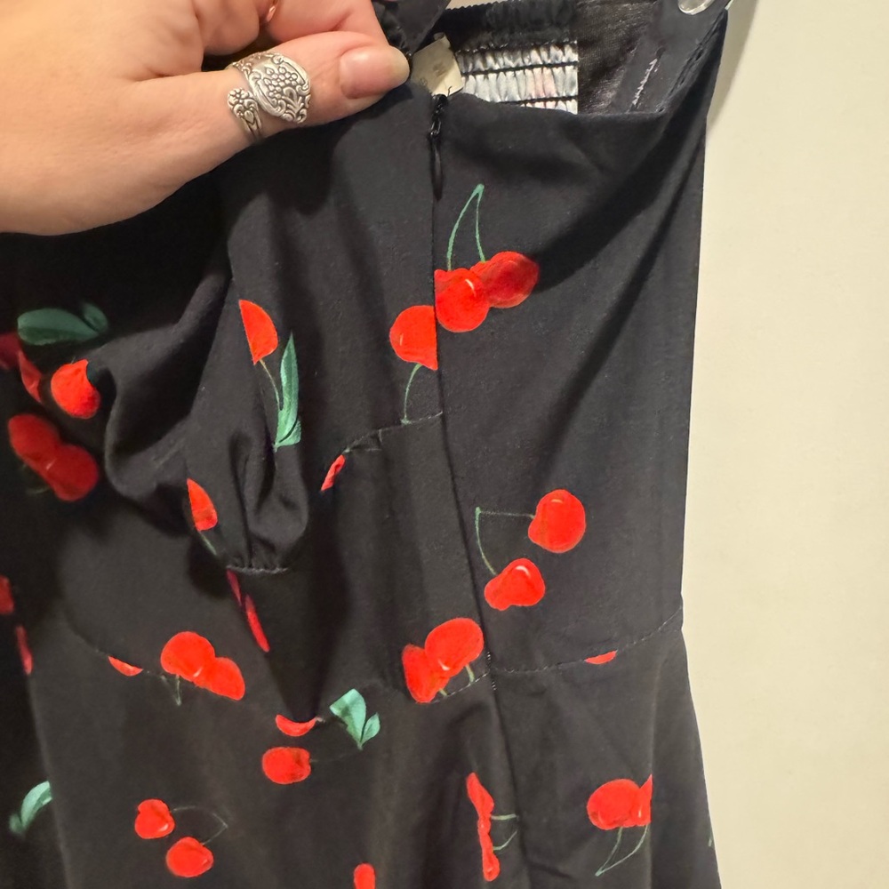 Retro Black Dress with Red Cherry Pattern - Picture 4 of 8